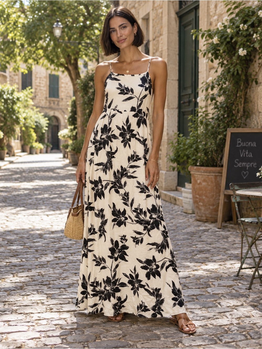 Monteau Los Angeles Black Floral Linen Blend Maxi Dress Size M